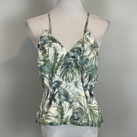 Bebe Sleeveless Blouse Tropical Chiffon Leaf Print Clear Sequins Size 6 NWT - Picture 2 of 13